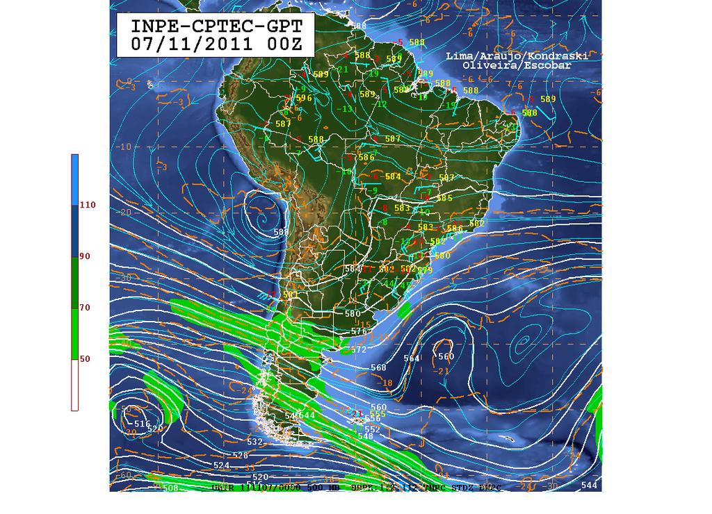 Figura 7. Carta sinótica da América do Sul para o nível de 500 hpa às 00 UTC do dia 07 de novembro de 20