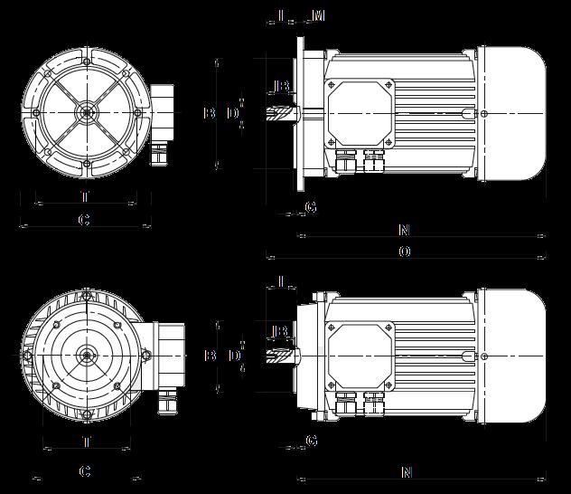 Redutores RD Motores eléctricos IEC IEC - B5 IEC - B14 Tamanho 4 polos 2 polos Flange Veio kw rpm kg (B3) kw rpm kg (B3) C / T / B D x I G IB M N O T56A T56B 0.06 0.09 1410 1340 2.5 2.6 0.09 0.