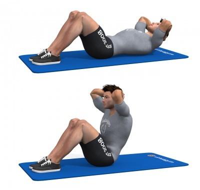 Mantenha os joelhos dobrados. Coloque as mãos por trás da cabeça. Aperte os músculos abdominais.