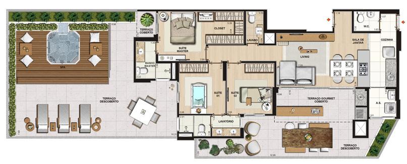 3 suítes Fachada Posterior Cozinha Gourmet com sala integrada, terraço com churrasqueira, três suítes, sendo duas tipo