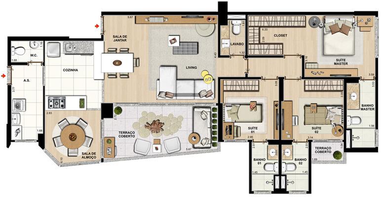 3 suítes Integração entre living, terraço, cozinha e sala de