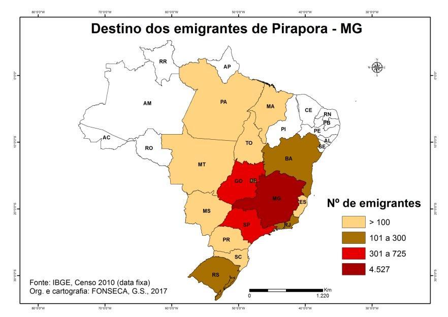 Figura 2 - Destino dos emigrantes de Pirapora - MG Para as demais Unidades da Federação verificou-se menor quantidade, sendo: para São Paulo (725); Goiás (464); Brasília-DF (244); Bahia (196); Rio de