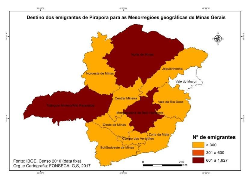 Figura 3- Destino dos emigrantes de Pirapora para as Mesorregiões geográficas de Minas Gerais Selecionou-se e agrupou-se os municípios por mesorregião com menos de 300 emigrantes (Tabela 1).