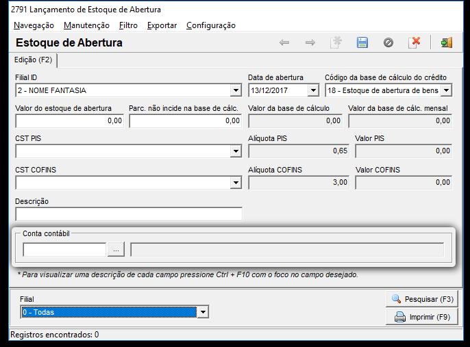 Vá para o campo conta contábil, informe o código da conta que deseja associar e pressione a tecla ENTER.