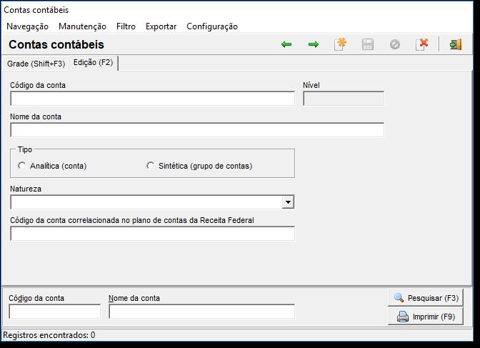 Figura 01 - Cadastro de contas contábeis Em seguida inclua todas as contas contábeis representativas das receitas auferidas que você necessita escriturar.