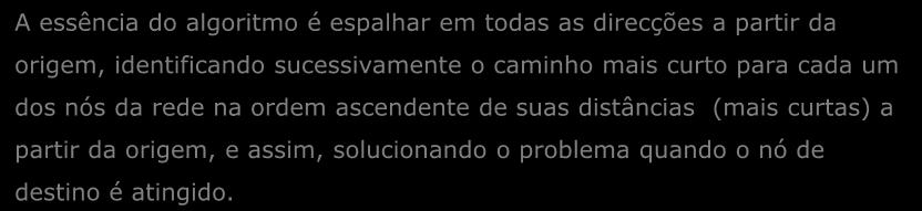 Modelos de Optimização de Redes A essência do algoritmo é espalhar em todas as direcções a partir da origem, identificando