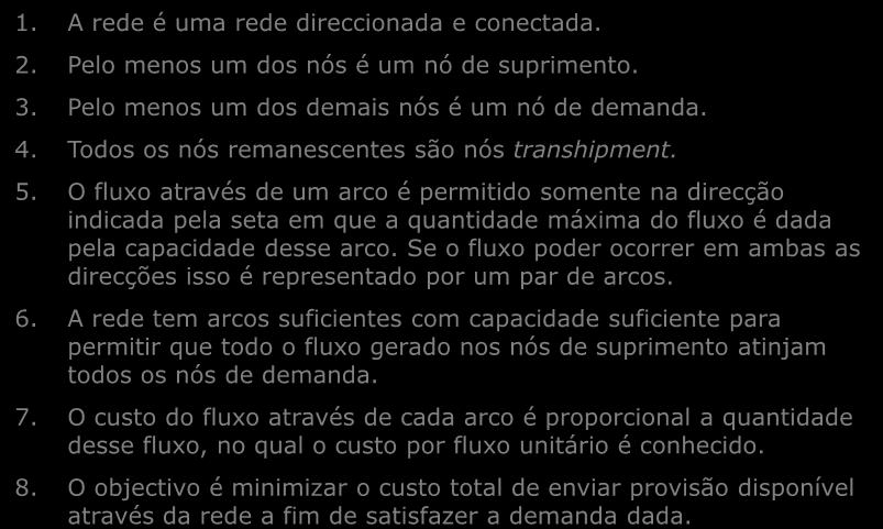 O Problema do Fluxo de Custo Mínimo Como se descrevem os problemas do Fluxo de Custo mínimo? 1. A rede é uma rede direccionada e conectada. 2. Pelo menos um dos nós é um nó de suprimento. 3.