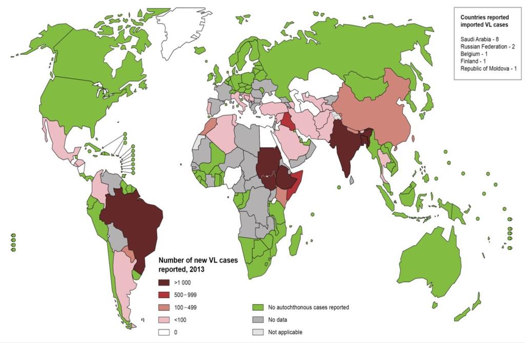 Figura 1 Distribuição dos casos de leishmaniose visceral registrados no mundo.