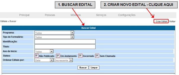 Figura 4: Módulo Editais. 1.3.2. CRIAR NOVO EDITAL. O usuário administrador pode criar um Edital para submissão de Propostas de Projetos por parte dos pesquisadores.