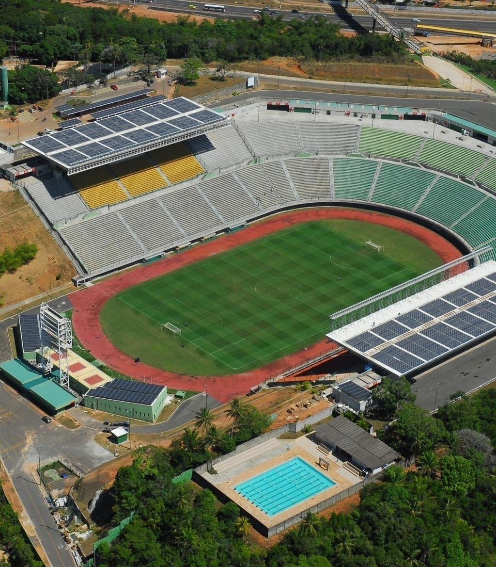 PROJETO PITUAÇU SOLAR INFORMAÇÕES GERAIS: Pertencente ao Programa de Eficiência Energética da Coelba, a Usina Fotovoltaica de Pituaçu está instalada no Estádio Professor Roberto Santos em Salvador em