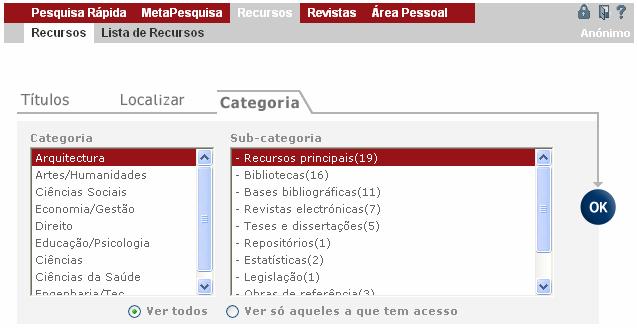 19 Pesquisa de recursos categoria e sub-categoria A escolha da categoria é feita na janela do lado direito e a escolha de uma das suas subcategorias é feita do lado esquerdo.