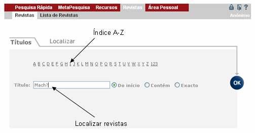 Fig. 21 Pesquisa de revistas por título A pesquisa permite localizar revistas através do nome completo da revista ou partes do mesmo.