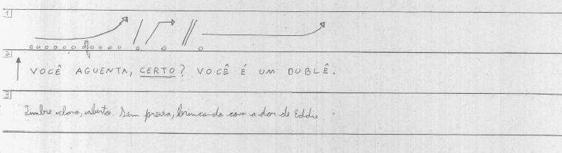 Seguem alguns trechos de partituras elaboradas sobre o texto dramático Loucos de Amor, de Sam Shepard, utilizando o esquema que