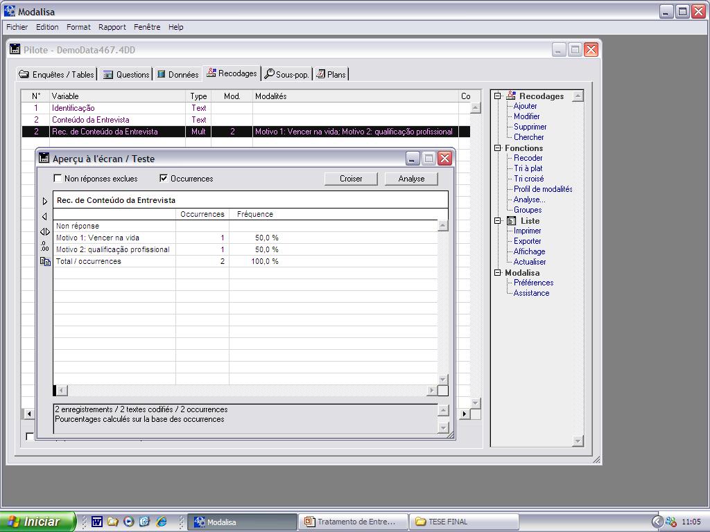 Tratamento de Entrevistas no Modalisa - Exemplo de Categorização 6ª parte: Visualização dos Dados Tratados a partir das ocorrências das categorias - Após a finalização da categorização de todas as