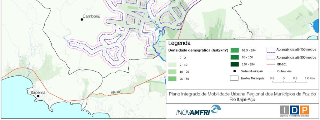 A Figura 42 ilustra a abrangência das linhas de transporte público coletivo municipal em Camboriú conforme a densidade demográfica.