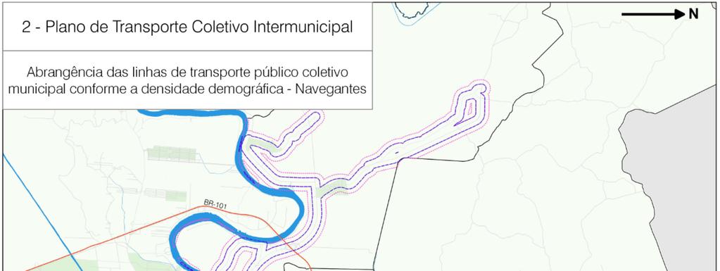 A Figura 48 ilustra a abrangência das linhas de transporte público coletivo municipal em Navegantes