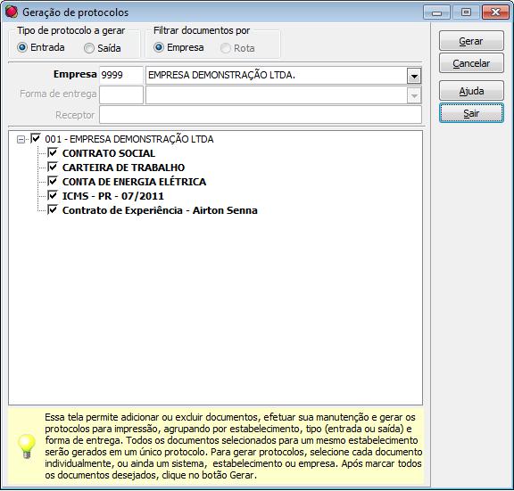 Selecionar o tipo Entrada e informar a empresa. Marcar os documentos desejados e clicar em Gerar.