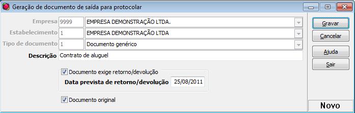 Selecione empresa, estabelecimento e tipo de documento. Informe a descrição do documento e, se o tipo de documento estiver marcado que exige retorno/devolução, informe a data prevista deste retorno.