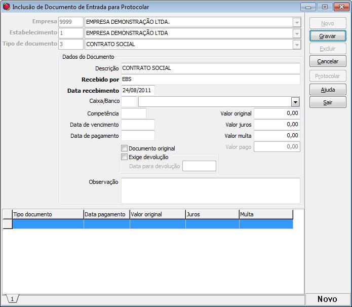 Para este documento será apenas gerado o protocolo de entrada, sem demais controles.