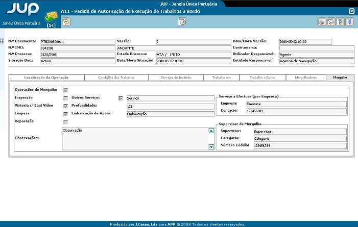 PÁGINA 91 DE 188 Separador Mergulho: Informação visível Operações de Mergulho: Opção escolha. Operações de Mergulho. Inspecção: Opção escolha. Inspecções. Vistoria c/ Equi vídeo: Opção escolha.