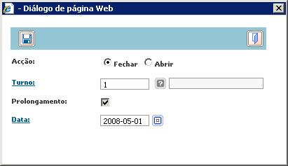 PÁGINA 337 DE 417 Abrir/Fechar turno O ícone existente na barra de opções, permite abrir e/ou fechar turnos. Para tal tarefa, preencher os campos e guardar. Campo mostrados Acção: Acção pretendida.