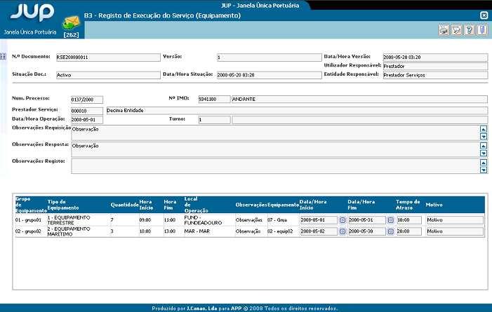 PÁGINA 344 DE 417 3. Registo de Execução de Serviço (Equipamento) Os campos do Registo de Execução de Serviço de Equipamento são mostrados na área indicada.