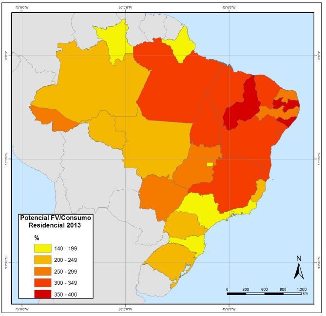 Potencial técnico de GD fotovoltaica em telhados residenciais em relação ao consumo residencial, por estado Média Brasil: 230% (1,3 vezes