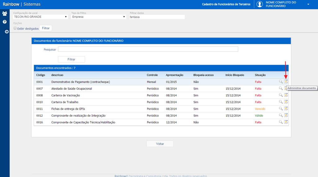 O procedimento para anexar os Documentos de Funcionários é igual ao dos Documentos