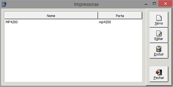 Esta tela possui os botões: Novo: permitirá adicionar uma impressora;