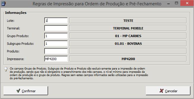 Esta tela possui os filtros: Empresa: informar a empresa (este campo é exibido apenas quando a base for multiempresa); Lote: informar o lote de comandas que utilizará a regra de impressão; Terminal: