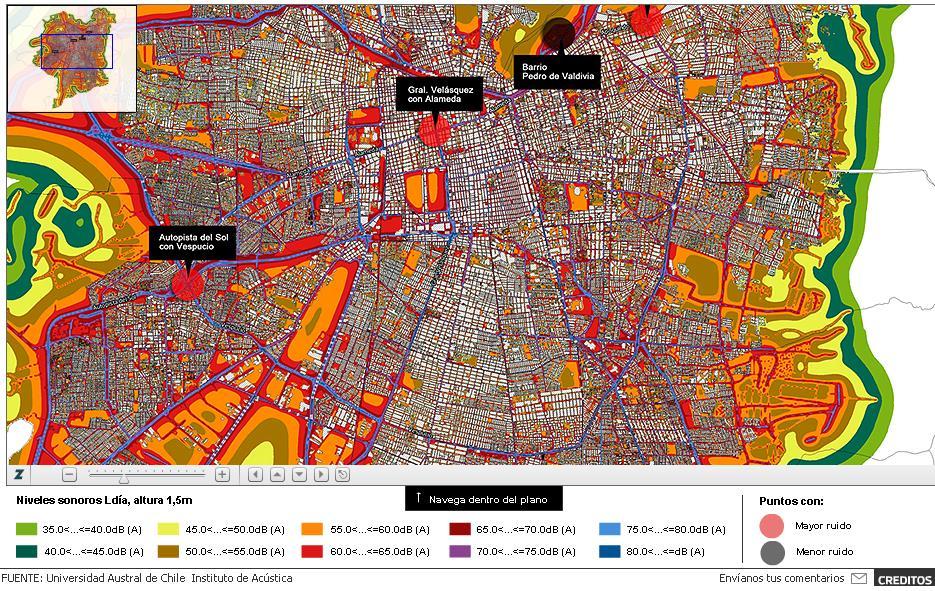 Mapa Estratégico de Ruído de Santiago, no Chile. Mapa Estratégico de ruído Simulação da exposição a ruídos ao longo do tempo.