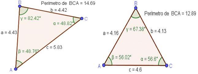 FIGURA 5: Triângulo movimentado Observemos que, no triângulo de perímetro 14.69, a soma dos ângulos internos α = 48.82º, β = 48.76º e γ = 82.42º é igual a 180º; e, no triângulo de perímetro 12.