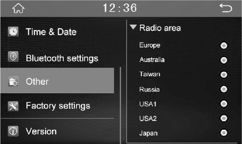 6. Área de rádio Pressione [outro] para selecionar um do total de sete áreas de rádio: Europa, Austrália, Taiwan, Rússia, USA1, USA2, Japão.
