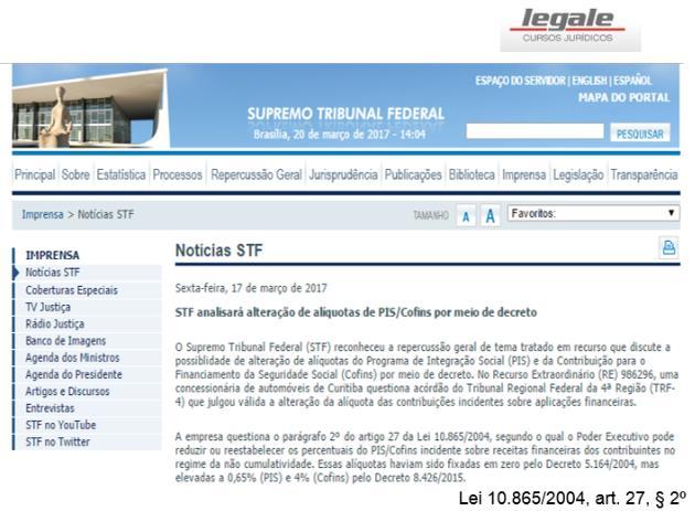 Art. 27, 2º da Lei 10.865/2004: Art. 27. O Poder Executivo poderá autorizar o desconto de crédito nos percentuais que estabelecer e para os fins referidos no art. 3o das Leis nos 10.