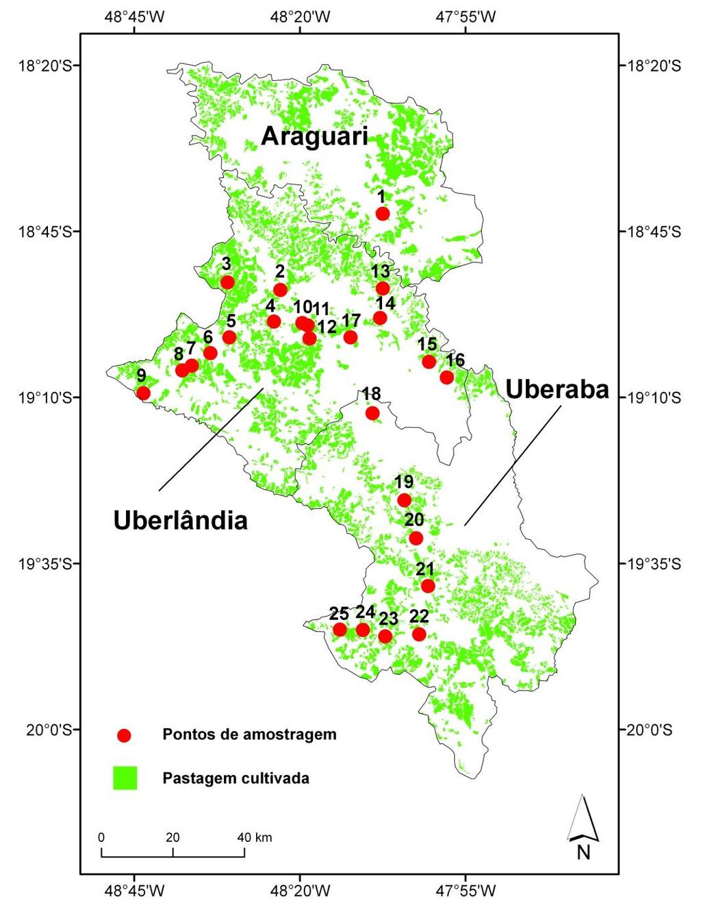 Figura 6. Mapa de localização dos pontos de amostragem nos municípios de Araguari, Uberaba e Uberlândia.
