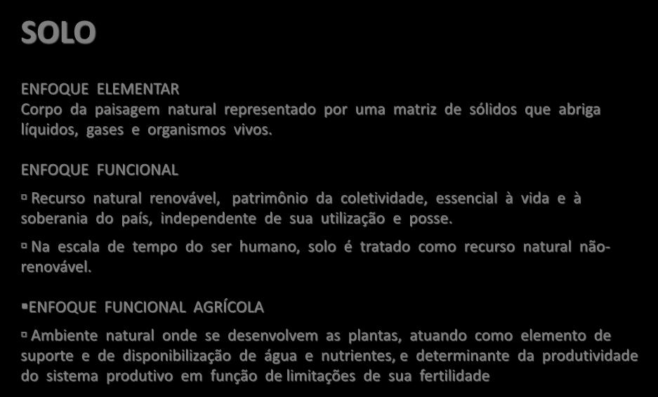 SOLO ENFOQUE ELEMENTAR Corpo da paisagem natural representado por uma matriz de sólidos que abriga líquidos, gases e organismos vivos.