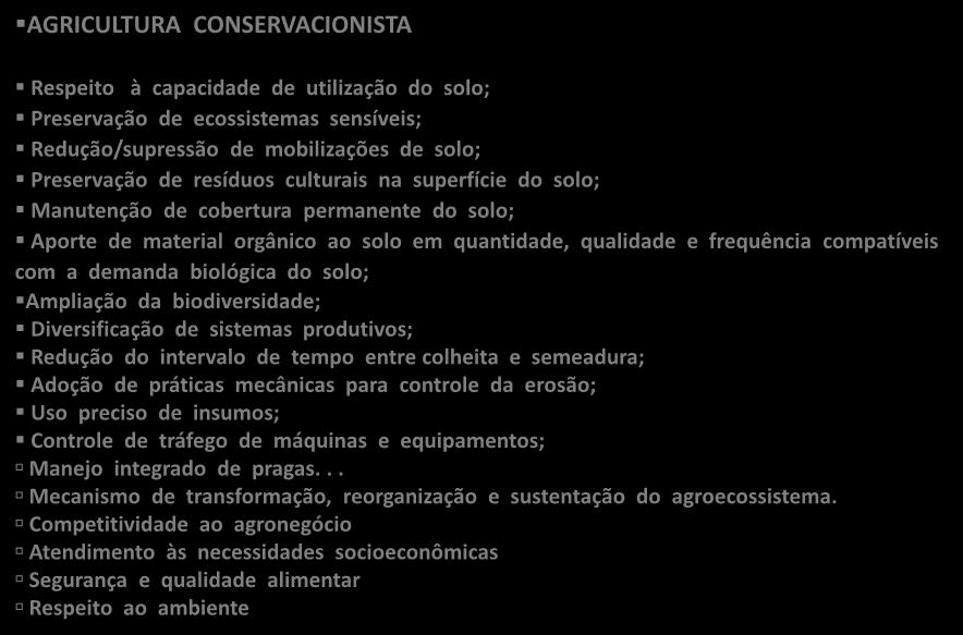 AGRICULTURA CONSERVACIONISTA Respeito à capacidade de utilização do solo; Preservação de ecossistemas sensíveis; Redução/supressão de mobilizações de solo; Preservação de resíduos culturais na