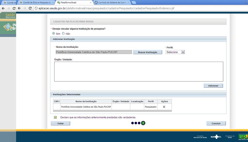 14 Após incluir a(s) Instituição(ões) clique na caixa ao lado do texto Declaro que as informações anteriormente prestadas são verdadeiras E em seguida no botão indicado pela seta verde nesta figura.