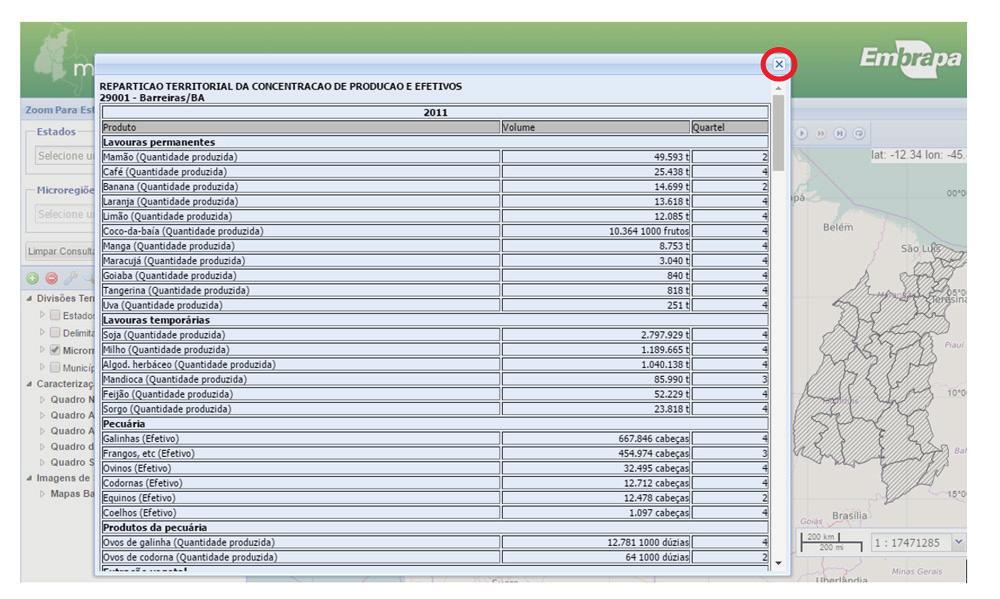 12 Geoweb Matopiba: manual do usuário Figura 16. Dados da produção agropecuária da microrregião Barreiras, BA.