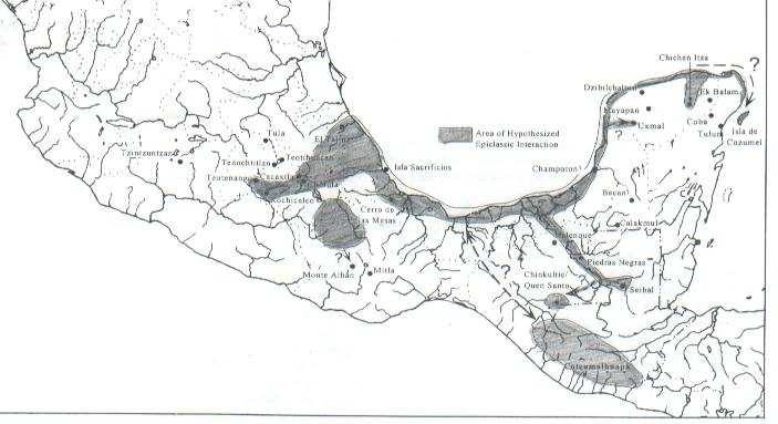 Fig. 1 Provável área de interação do culto à Quetzalcóatl durante o Clássico Final e Epiclássico (700 a 950 d. C.). Baseado em Ringle et al. 1998, p. 184.