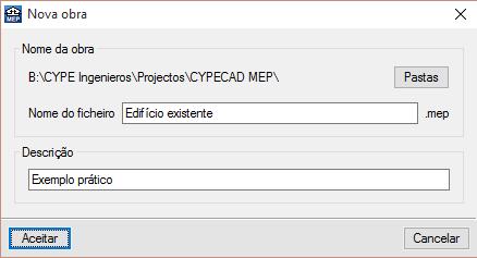 54 Entre no programa. Prima Arquivo> Gestão arquivos. Abre-se a janela Gestão arquivos. Prima o botão Exemplos. Seleccione a obra Edifício existente e prima em Abrir.