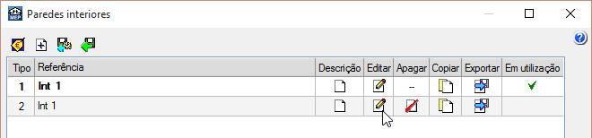 61 Fig. 4.13 Prima Elementos> Muros e divisões> Parede interior. Prima no ícone Lista de tipos disponíveis. Prima no ícone Copiar relativo à parede Int1.