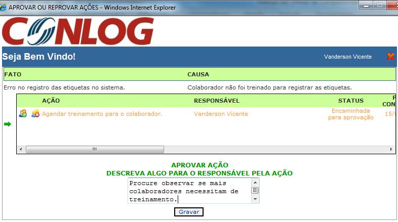 Planos de Ação Módulo I Nome do responsável O ato de Aprovar Ação libera novas opções para o responsável pela execução da ação, bem como para o responsável pelo registro da ação, já o Reprovar Ação