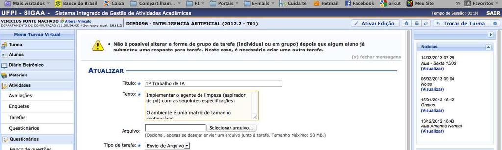 Indicação de qual tópico de aula a tarefa está associada