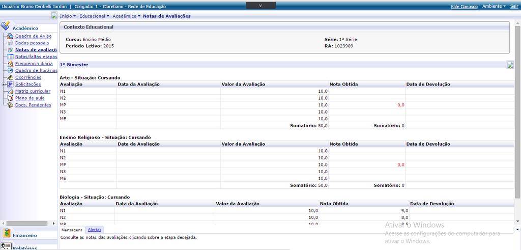 uma etapa lançadas pelos professores em cada disciplina. 2.1.4.