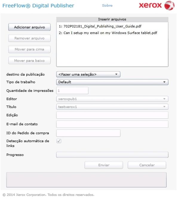 O Xerox FreeFlow Digital Publisher Order Utility 3. Na caixa de diálogo Abrir arquivo, navegue até o local dos arquivos para processamento. Realce um ou mais arquivos e selecione Abrir. 4.