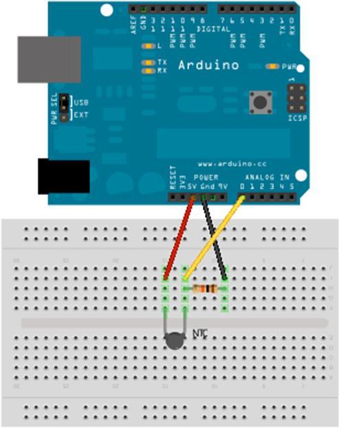 Passo 1: Montagem do circuito Figura 3.18: Ligação do Termistor ao Arduino Conforme ilustra a Figura 3.18: a. Coloque o termistor na protoboard. b.