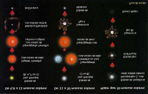 Figura 6.31 Ilustração simplificada da evolução de estrelas de diferentes massas, após abandonarem a Seqüência Principal. (Adaptado de I. Iben Jr e A.V.Tutukov, Sky & Telescope, dezembro/97, pág.