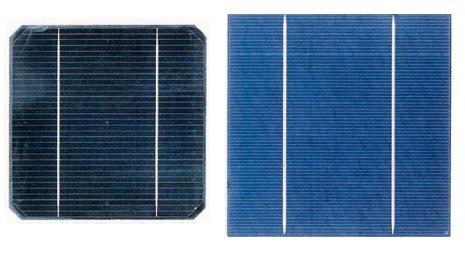 Figura 2.9 Células fotovoltaicas monocristalina (esquerda) e policristalina (direita).