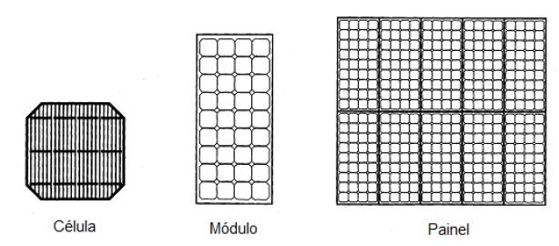 Figura 2.10 Célula, módulo e painel fotovoltaicos. (Fonte: ARAMIZU, 2010) 2.5.1.1 Características do módulo fotovoltaico As células fotovoltaicas de silício são encapsuladas em módulos.